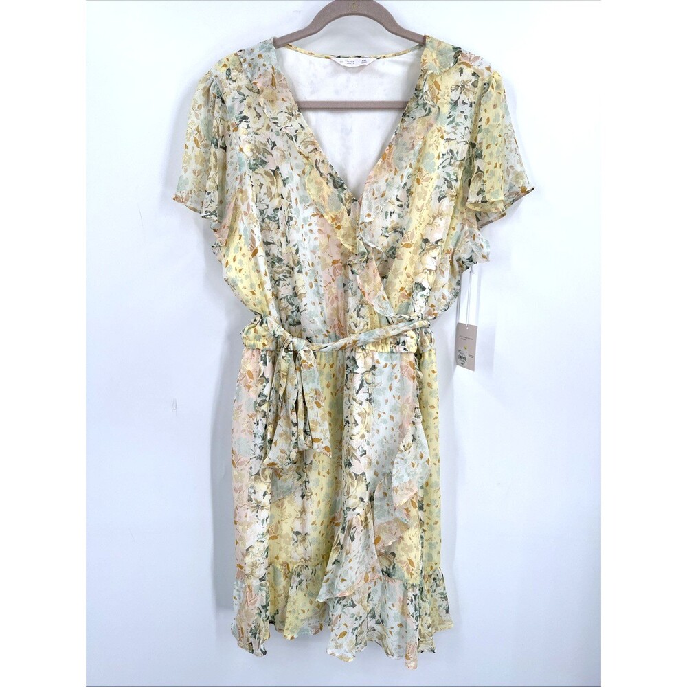 Lauren Conrad Dress XXL 2X Faux Wrap Yellow Floral Garden Flounce Chiffon Short